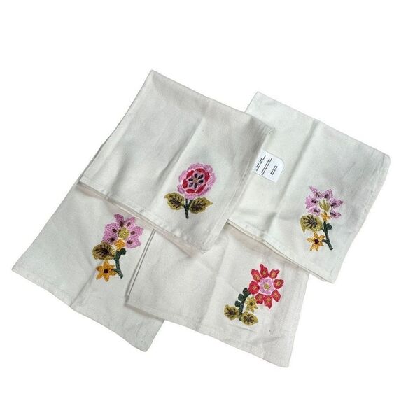 Embroidered Linen Napkin Set of 4 Cream Floral Embroidery - Picture 1 of 13